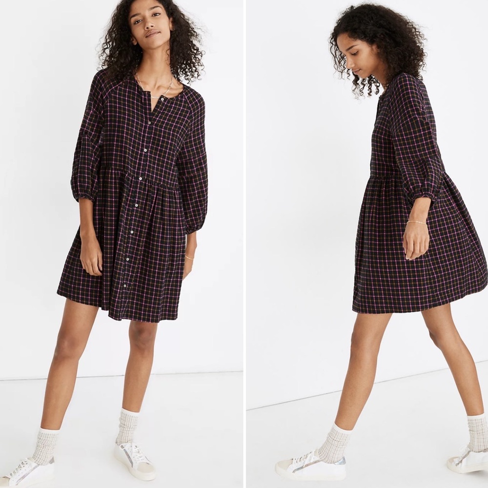 Madewell plaid flannel raglan button-front shirtdress size 6